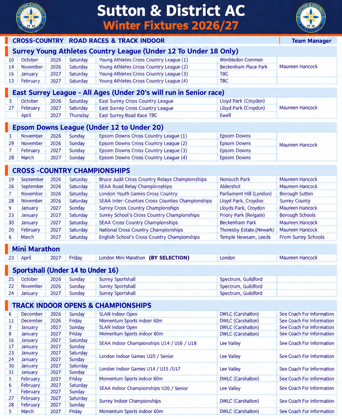 Sutton & District AC summer fixtures 2026